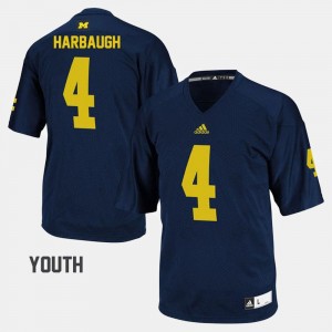 Jim Harbaugh Wolverines Jersey Navy Youth(Kids) #4 College Football