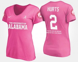 Womens Pink Jalen Hurts University of Alabama T-Shirt #2 Name and Number With Message