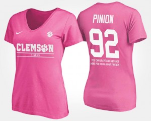 Pink #92 Women's Name and Number Bradley Pinion Clemson National Championship T-Shirt With Message