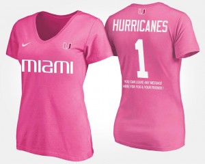 Miami Hurricanes T-Shirt No.1 Short Sleeve With Message Pink Women #1 Name and Number