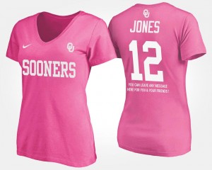 Name and Number With Message Pink #12 Landry Jones OU T-Shirt For Women's