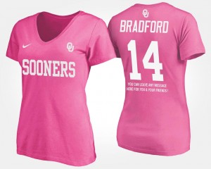 For Women's With Message Pink #14 Sam Bradford Oklahoma T-Shirt Name and Number