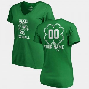 Women St. Patrick's Day Wisconsin Badgers Customized T-Shirt Kelly Green V Neck Dubliner Fanatics #00